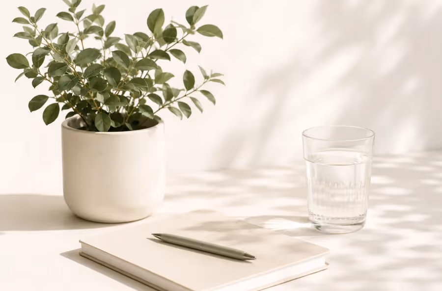 A calm desk scene with a plant, notebook, and glass of water.